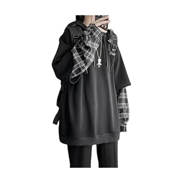 Emo Streetwear Vintage Hoodie Women Men Oversized Sweatshirt Punk Patchwork Pullovers Grunge Plaid Hoodie Clothes