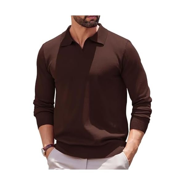 Long Sleeve Polo Shirts for Men Knit Polo Sweater Lightweight Ribbed Pullover Sweater