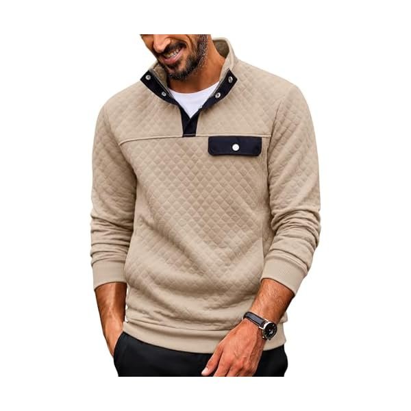 Quilted Sweatshirts for Men Quarter Button Pullover Sweatshirt Stand Collar Outdoor Polo with Pockets
