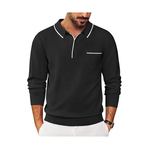 Mens Knit Polo Long Sleeve Collared Sweater Polo Business Casual Polos with Pocket