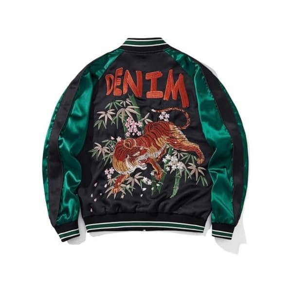 Tiger Embroidery Men's Bomber Jacket Japanese Style Hip Hop Streetwear Oversized Full-Zip Stand Collar Windbreaker