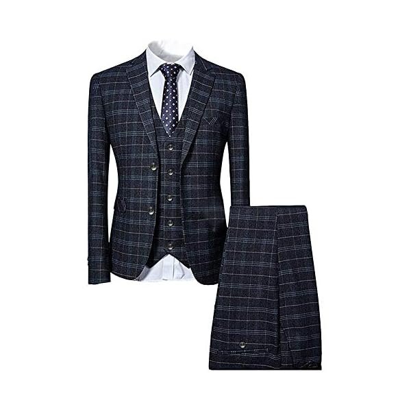 Mens 3 Piece Slim fit Checked Suit Blue/Black Single Breasted Vintage Suits